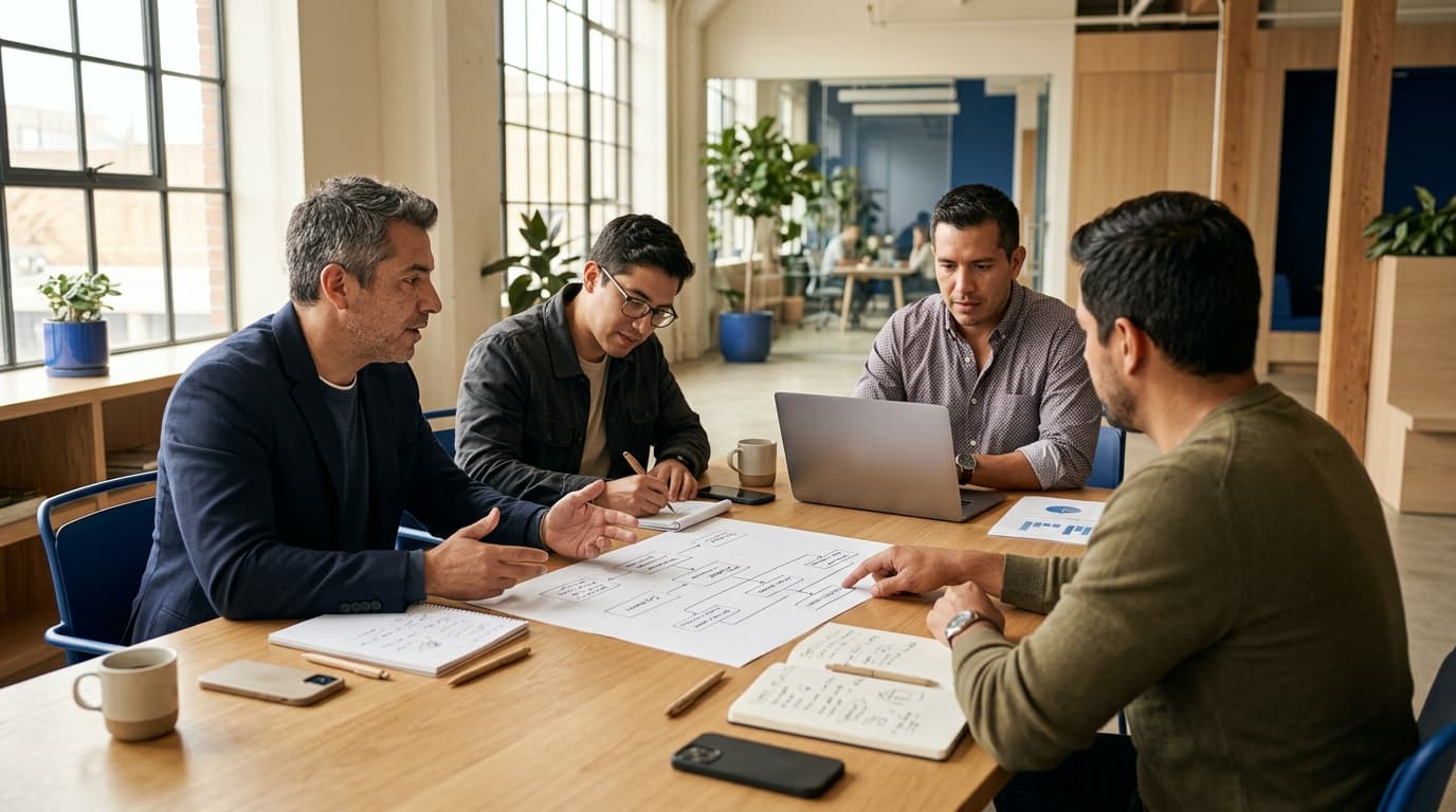 Escena representativa de un equipo multidisciplinario colaborando